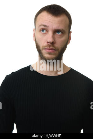 nachdenklich bärtiger Mann blickte isoliert auf weißem Hintergrund Stockfoto