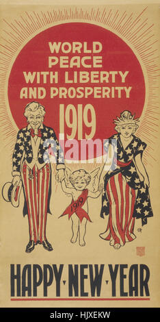 Uncle Sam und Liberty eskortieren Neujahrs Baby mit 1919 Schärpe "Frieden in der Welt mit Freiheit und Wohlstand 1919, Happy New Year", USA, 1919 Stockfoto