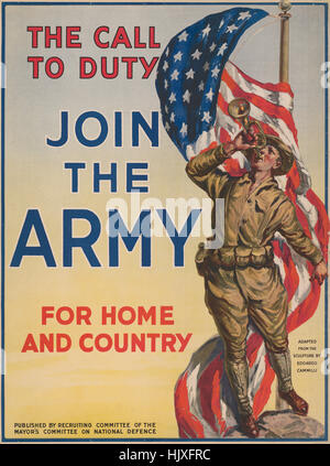 Soldat weht Bugle neben amerikanischen Flagge, "The Call, Duty, Join der Armee für Haus und Land", Weltkrieg Recruitment Poster, USA, 1917 Stockfoto