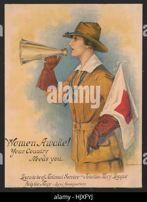 Frau in Uniform mit Megaphon und Flagge, "Frauen wach! Ihr Land braucht Sie, lerne von nationalen Service - die Marine-Liga beitreten ", Weltkrieg Recruitment Poster von Hazel Roberts, 1916 Stockfoto