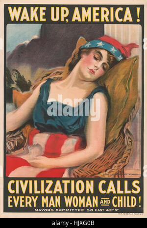 Porträt von Lady Liberty schlafen, "wach auf, Amerika!, Zivilisation ruft jeden Mann, Frau und Kind!", Weltkrieg Rekrutierung Plakat von James Montgomery Flagg, USA, 1917 Stockfoto