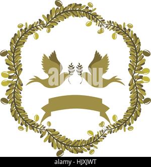 Bogen der Blätter mit Tauben mit Ölzweig und Label-Vektor-illustration Stock Vektor