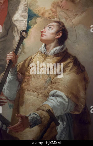 Heiligen Laurentius von Rom. Detail des Gemäldes Madonna mit Heiligen Laurentius und Sankt Franziskus von Paola (1775-1780) von dem italienischen Barock Maler Giovanni Domenico Tiepolo auf dem Display im Musée des Beaux-Arts de Strasbourg (Museum of Fine Arts) in Straßburg, Elsass, Frankreich. Stockfoto