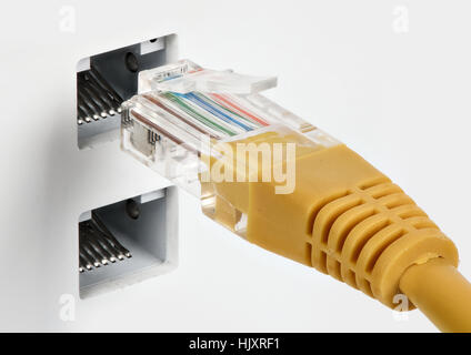 Netzwerk-Kabel miteinander verbunden, um isoliert auf weißem Hintergrund wechseln. Makro Stockfoto