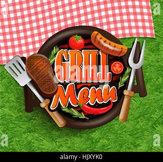 BBQ Grill-Menü - typografischen Design-Label oder Sticer auf dem Hintergrund von grünen Wiesen und rustikale Tischdecken in roten und weißen Quadraten. Stock Vektor