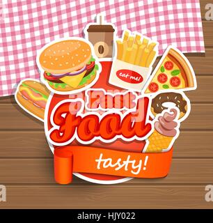 Fast-Food-Elemente, typografischen Design-Label oder Sticer - Burger, Pizza, Kaffee, Hot-Dog, Ice Cream, Donut, Pommes - Design-Vorlage. Vektor-illus Stock Vektor