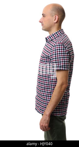 Profilbildnis der Glatzkopf tragen kariertes Hemd isoliert auf weißem Hintergrund Stockfoto