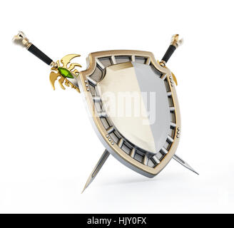 Schild und gekreuzte Schwerter isoliert auf weißem Hintergrund. 3D Illustration. Stockfoto
