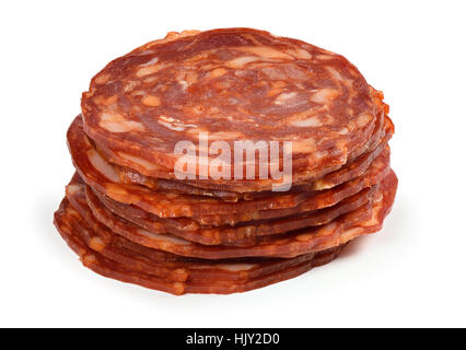 Scheiben Salami isoliert auf weißem Hintergrund. Rohwurst Stockfoto