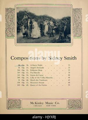 Noten-Cover-Bild des Liedes "Kompositionen von Sidney Smith Nr. 90 Op 36 Starry Night Serenade (Une Nuit Bleu)", mit ursprünglichen Autorschaft Noten lesen "Sydney Smith", USA, 1897. Der Verlag als "McKinley Music Co." aufgeführt ist, die Form der Komposition ist "Schnitt", die Instrumentierung ist "Klavier", liest die erste Zeile "None" und der Abbildung Künstler als 'None' aufgeführt ist. Stockfoto