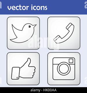 Flache gestaltete Vektor-Icons wie Hand-Symbol, Daumen nach oben, Digitalkamera, Messenger Vogel und Telefonhörer für soziale Medien, Websites, Schnittstellen. Stock Vektor