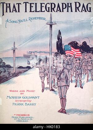 Titelbild der Noten des Liedes ", dass Telegraph Rag A Song Sie ll Remember", mit ursprünglichen Autorschaft Noten reading "Worte und Musik von Morris Goldsant arrangiert von Frank Barry", USA, 1917. Der Verlag wird als aufgeführt "Morris Musikverlag, 127 so. Halsted St. ", die Form der Komposition ist"strophische mit Chor", die Instrumentierung ist"Klavier und Stimme", die erste Zeile lautet" Was ist, dass ich hören? Oh das geheimnisvolle Geräusch! ", und der Abbildung Künstler wird als"Rayner Dalheim und Co. Musik Drucker und Graveure Chicago, Ill."aufgeführt. Stockfoto