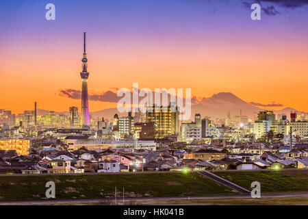 Skyline von Tokyo, Japan mit Mt. Fuji und der Skytree-Turm. Stockfoto