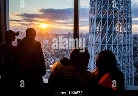 Stadtbild, Sonnenuntergang, Detail der Tokyo Tower und Skytree nördliche Skyline der Stadt, Tokio, Japan Stockfoto