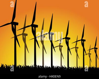 Windgeneratoren auf einer Wiese. Vektor-Illustration. Stock Vektor