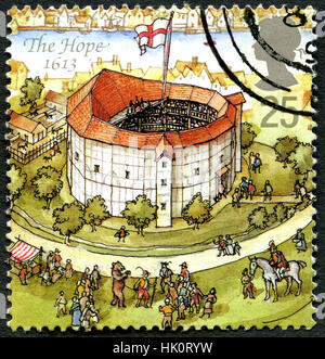 Großbritannien - ca. 1995: Eine gebrauchte Briefmarke aus dem Vereinigten Königreich, Darstellung zur Veranschaulichung der The Hope Theatre in London im Jahre 1613. Stockfoto