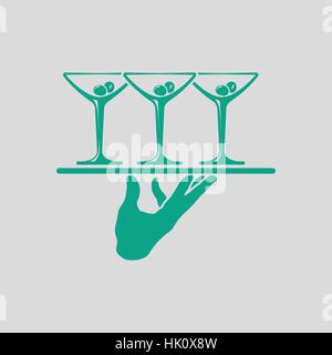 Kellner-Hand mit Tablett mit Martini-Gläser-Symbol. Grauer Hintergrund mit grün. Vektor-Illustration. Stock Vektor