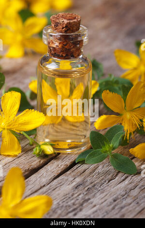 Extrakt aus den Blüten von Johanniskraut in einem Glas Flasche Makro vertikalen Stockfoto