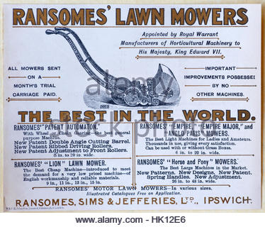 Ransomes Rasenmäher, originale Vintage-Werbung aus der Zeit um 1905 Stockfoto