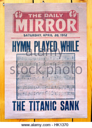 Hymne gespielt, während die Titanic Sank, Titelseite des Daily Mirror 20. April 1912 Stockfoto