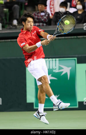 Ariake Coliseum, Tokio, Japan. 4. Februar 2017. Yuichi Sugita (JPN) während der BNP-Paribas-1. Runde Tennis Turnier Japan Vs Frankreich im Ariake Coliseum in Tokio. Bildnachweis: YUTAKA/AFLO SPORT/Alamy Live-Nachrichten Stockfoto