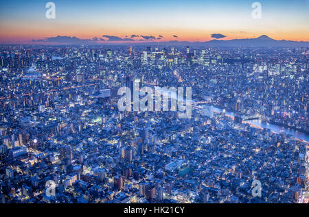 Stadtbild, Skyline, Sumidagawa River und im Hintergrund auf der rechten Seite den Berg Fuji, Tokio, Japan Stockfoto