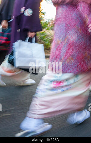 Quimono, Frau wandern im traditionellen Kimono, Yoyogi Park, Tokio, Japan Stockfoto