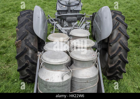 Grau-Ferguson Traktor mit Milchkannen Stockfoto