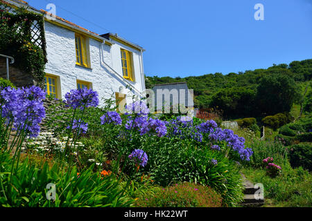 Eglinton auf der Roseland Halbinsel, Cornwall, England, Großbritannien, einem kleinen Fischerdorf, Zerzausten einen schmalen Eingang in die Klippen auf dem Kai. Stockfoto