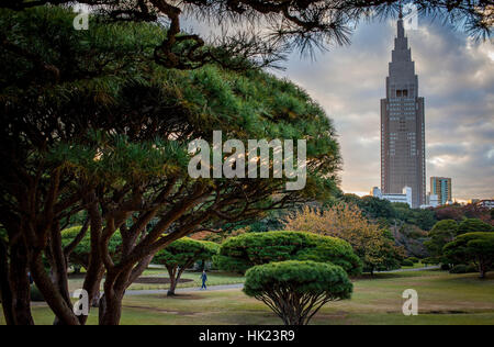 Stadtbild, NTT Docomo Yoyogi Gebäude, von Shinjuku Gyoen Park, Tokio Stockfoto