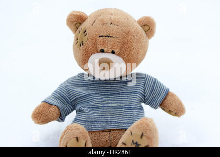 Ein niedlicher braune Teddybär im Schnee mit blau gestreiften T-shirt und die Worte "me to you" auf seine Hinterpfote Stockfoto
