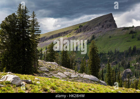 Gewitterwolken über eine unbenannte Gipfel in der Nähe von Granit Becken Seen in die Teton Mountains. Jedediah Smith Wildnis, Wyoming Stockfoto