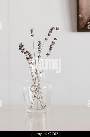 Lavendel Blumen in Glasvase auf Tisch. Blumenstilleben. Stockfoto