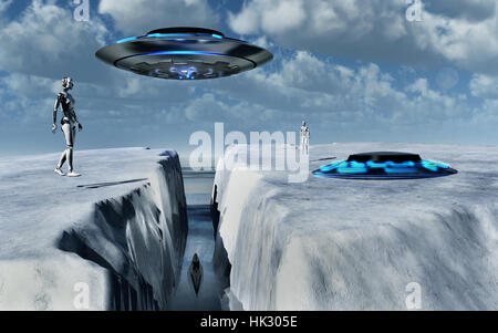 Aliens & Nazi-U-Boote, die Ankunft an der versteckten Antarktis Basis 211. Stockfoto