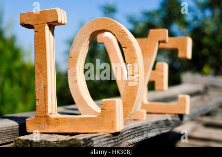 einige dreidimensionale Holzbuchstaben bilden das Wort Liebe, platziert auf einer verwitterten Holzoberfläche im Außenbereich, mit Bäumen im Hintergrund Stockfoto