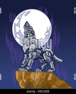 Cartoon-Clip Art Vektorgrafik eine mechanische Roboter Wolf Bellen oder heulen bei Vollmond auf einem Felsen stehend. Stock Vektor