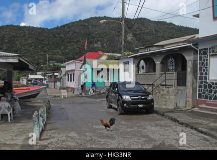 Huhn Kreuzung Straße am Hafen Soufiere, St Lucia, kleine Antillen Dezember Stockfoto