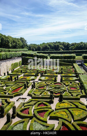 Traditionelle französische Garten im Chateau de Villandry. Chateau de Villandry (Schloss-Palast) - Welt bekannt für seine erstaunlichen Gärten. Stockfoto