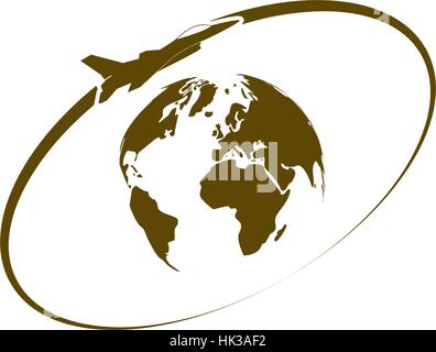 Flugzeug fliegen rund um den Planeten Erde. Logo. Stock Vektor