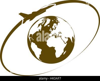Flugzeug fliegen rund um den Planeten Erde. Logo. Stock Vektor