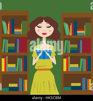 Mädchen in der Bibliothek oder im Buchhandel ein Buch zu lesen Stock Vektor