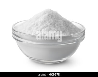 Glasschale mit Backpulver isoliert auf weiss Stockfoto