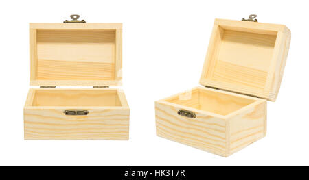 Reinigen Sie Vintage eröffnet Box Holz Kiste Truhe Isolation auf weiß, Geschenk präsent Belohnung Concept.30-Grad-Winkel-Ansicht. Stockfoto