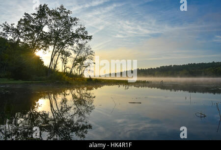 Brillante und leuchtende Mitte Sommer Sonnenaufgang an einem See.   Warmes Wasser und kühlere Luft bei Tagesanbruch schafft nebligen Nebelschwaden.  Stilles Wasser auf ruhigen Gewässern. Stockfoto