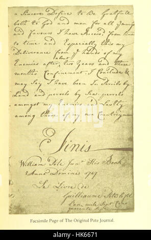 Eine Seite aus dem „Journal of Captain William Pote, Jr.“, die seine Gefangenschaft während des Französisch- und Indianerkrieges von Mai 1745 bis August 1747 dokumentiert, mit einer Karte, die nordenglische Siedlungen in Amerika zeigt. Stockfoto