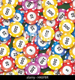 Viele verschiedene bunte Casinochips auf grünem Tuch, nahtlose Muster Stock Vektor