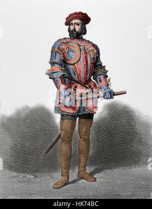 Hernan Cortes (1488-1547). Spanische Eroberer von Mexiko.  Porträt. Gravur. Farbige. Stockfoto