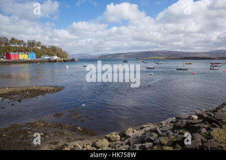 Tobermory bay mit Booten Isle of Mull Schottland uk Kleinstadt im schottischen Inneren Hebriden Insel an einem schönen Frühlingstag Stockfoto