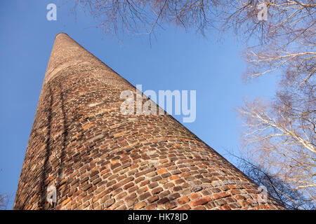 alte Ziegel Fabrik Schornstein und Birke Bäume unter blauem Himmel in den Niederlanden Stockfoto