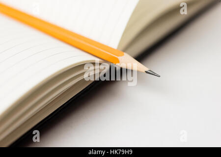 Bleistift auf den Seiten eines offenen Notebooks Stockfoto